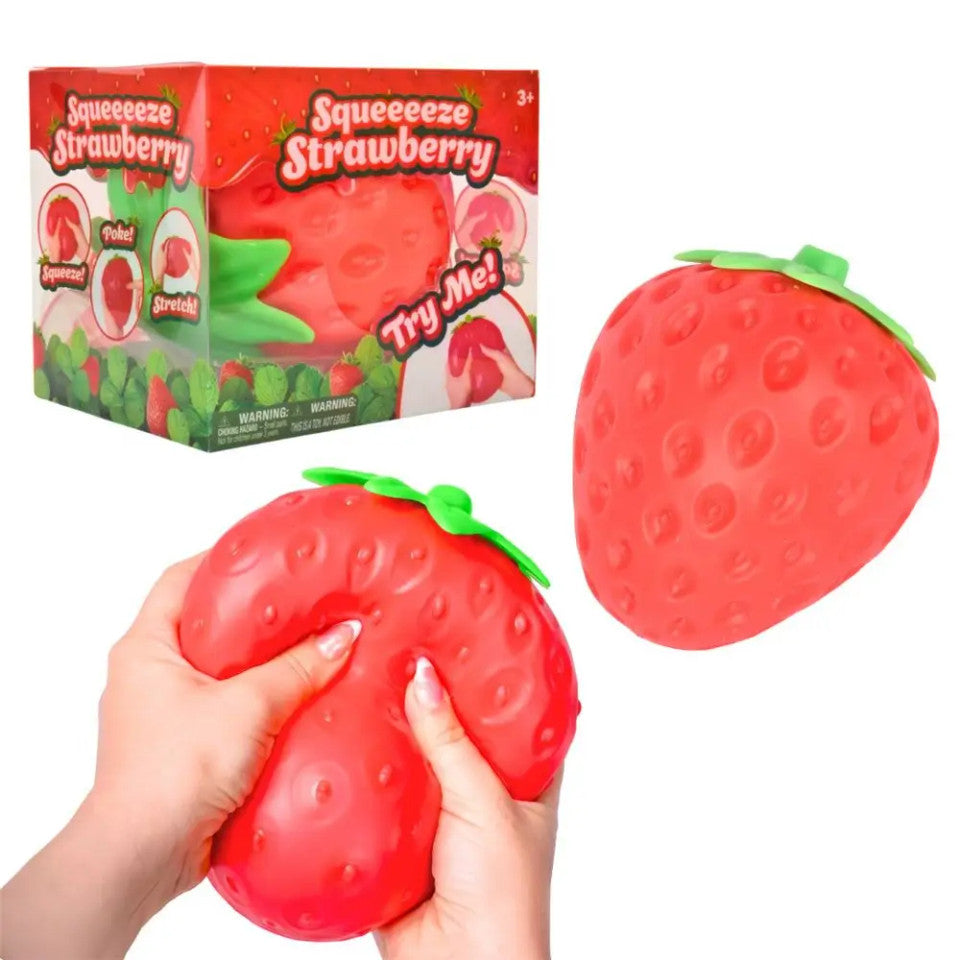 Giant strawberry squishy product, packaging and squeeze demonstration