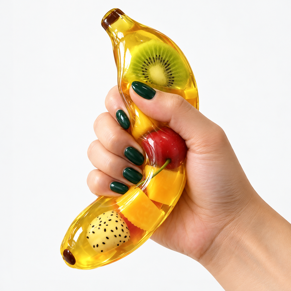Hand gently squeezing the transparent banana fruit gel toy