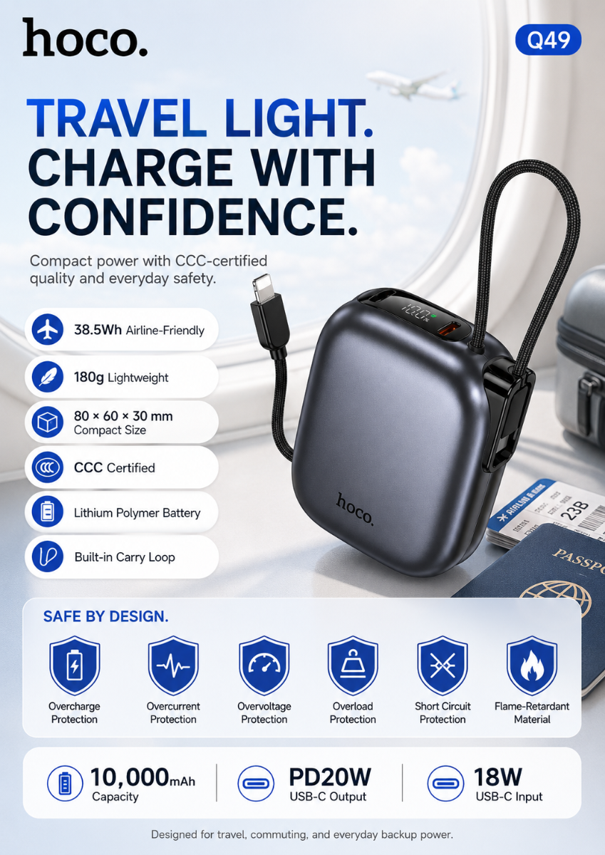 Hoco Q49 CCC 10000mAh Super Small Peak PD20W power bank with cable - Metal gray