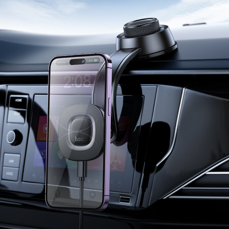 Hoco HW31 15W Crown magnetic wireless charging car holder center console (MagSafe Compatible) - black metal