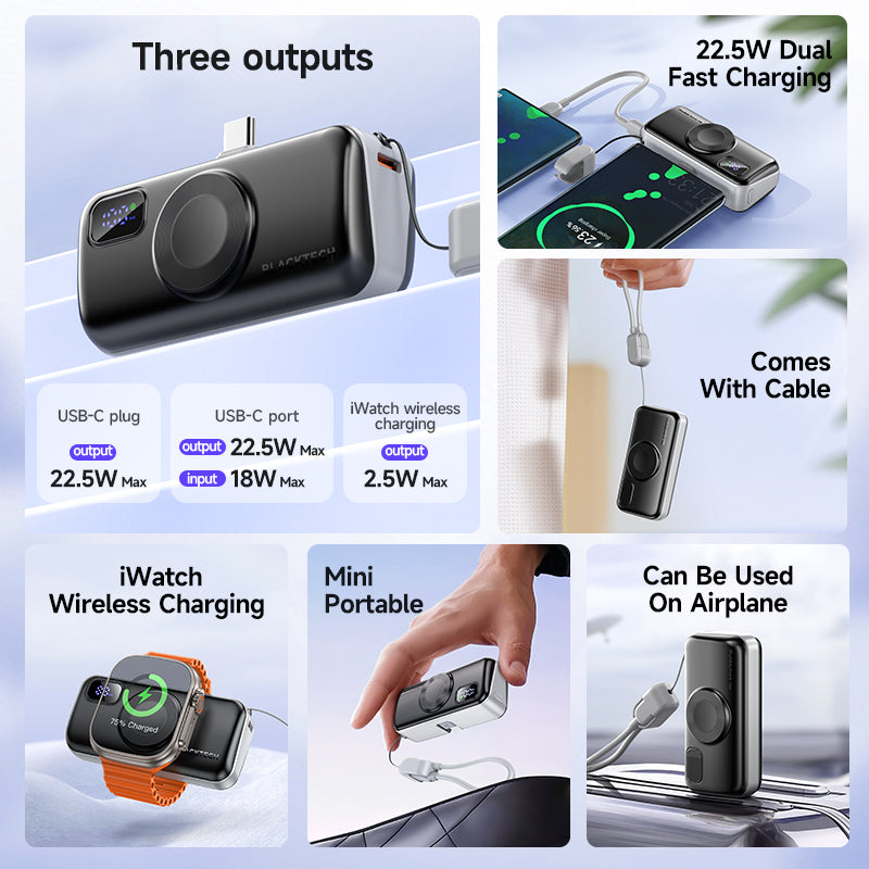 BLACKTECH 5000mAh 22.5W Wireless charging for watches with built-in cable - Black