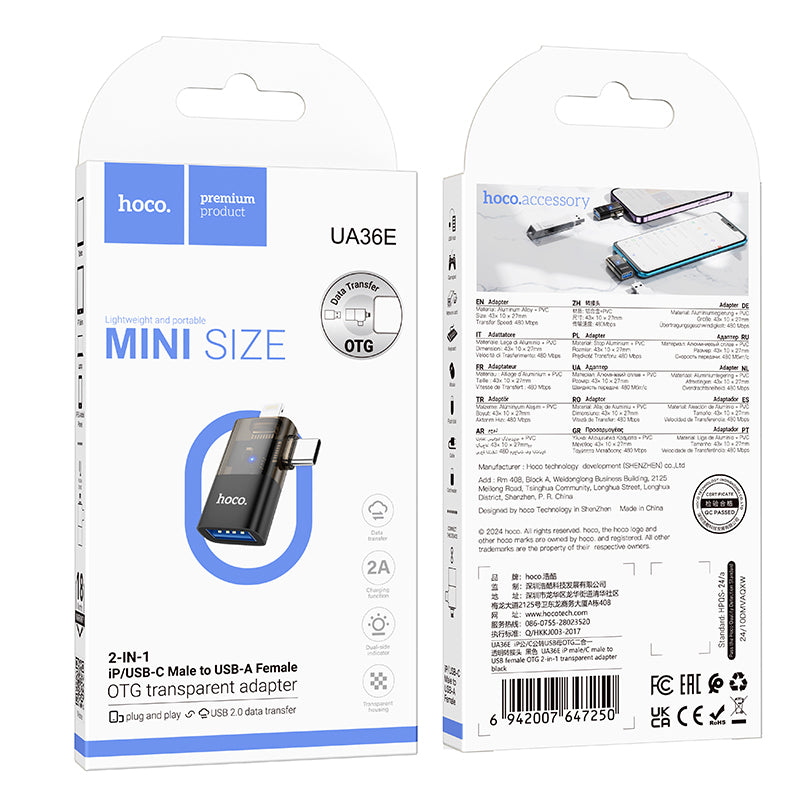 Hoco UA36E iP male/C male to USB female OTG 2-in-1 transparent adapter - Black