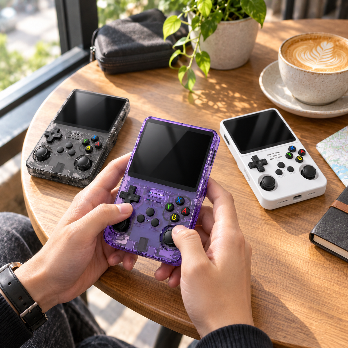 R36S portable handheld console in a modern travel setting