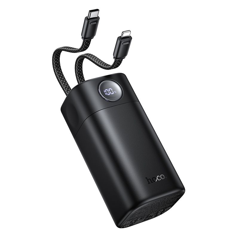 Hoco Q59 black power bank with USB-C and Lightning cables extended