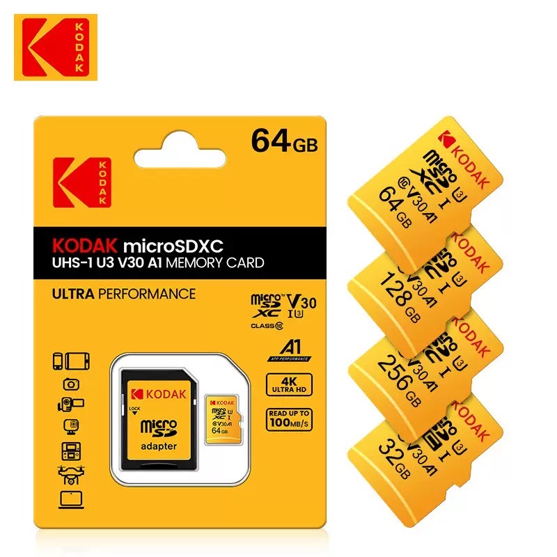 Kodak microSDXC capacity range and 64GB package