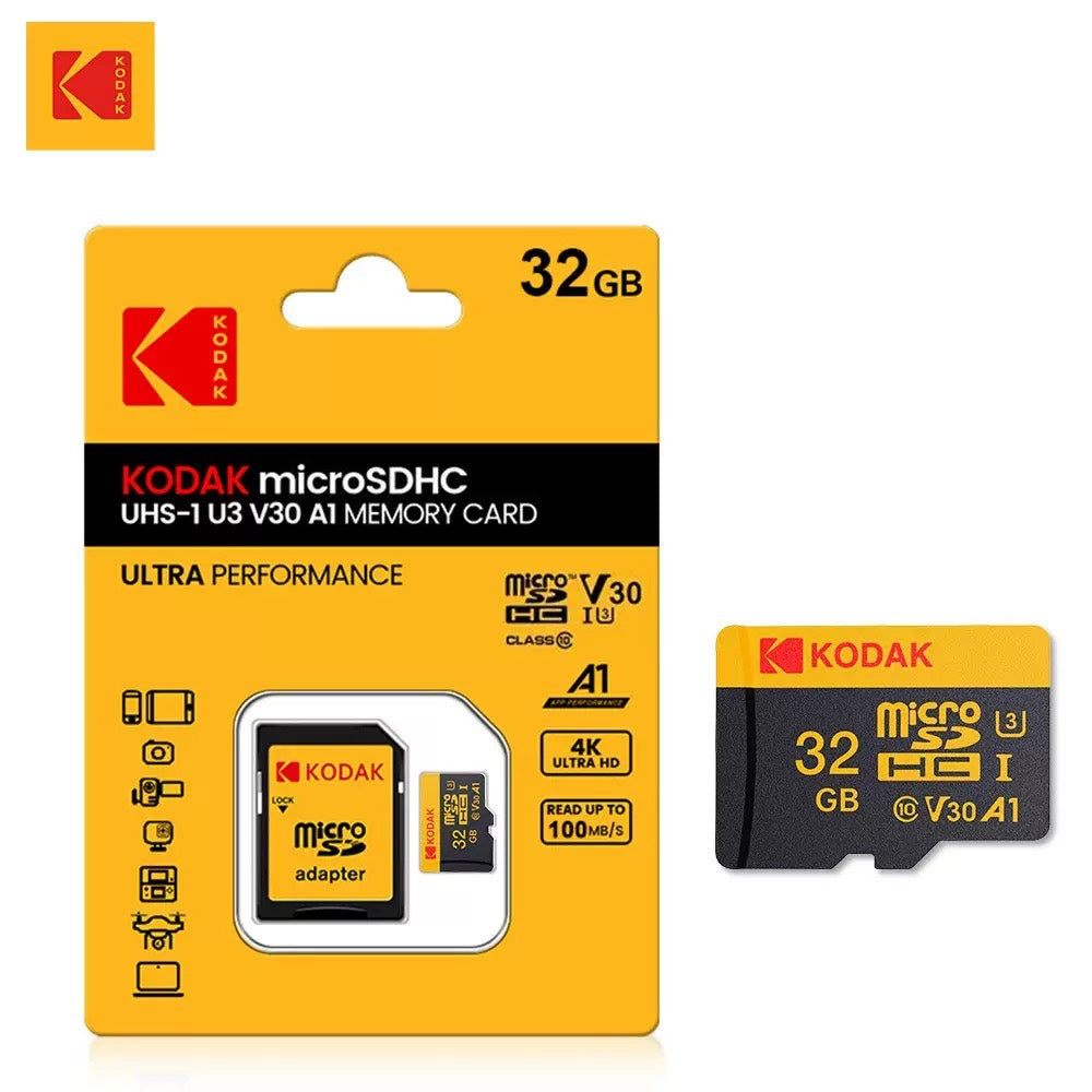 Kodak 32GB microSDHC U3 V30 A1 retail package and card