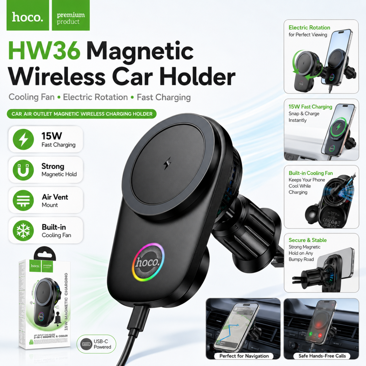 Hoco HW36 Cooler electric rotating magnetic wireless fast charging car holder(air outlet) - Black