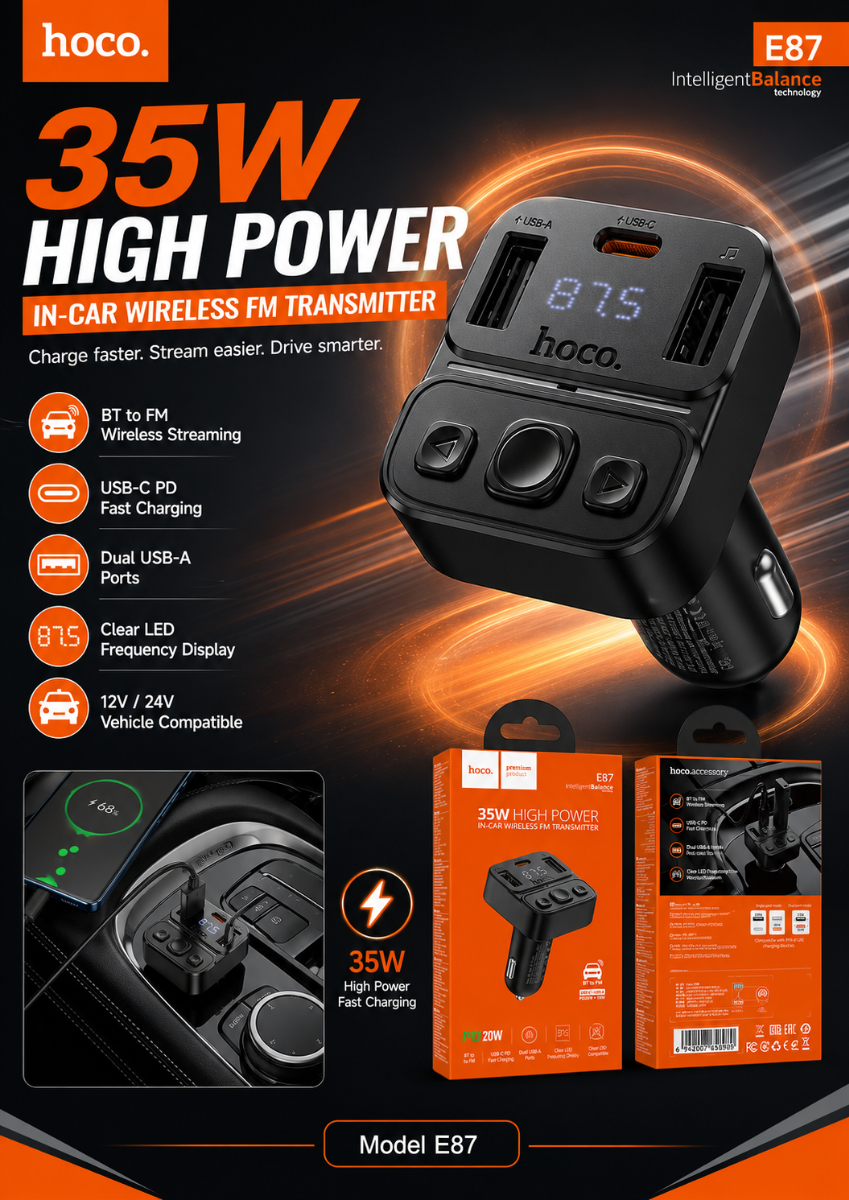 Hoco E87 Alegria 48W dual port PD30W QC3.0 car Bluetooth FM transmitter - Black