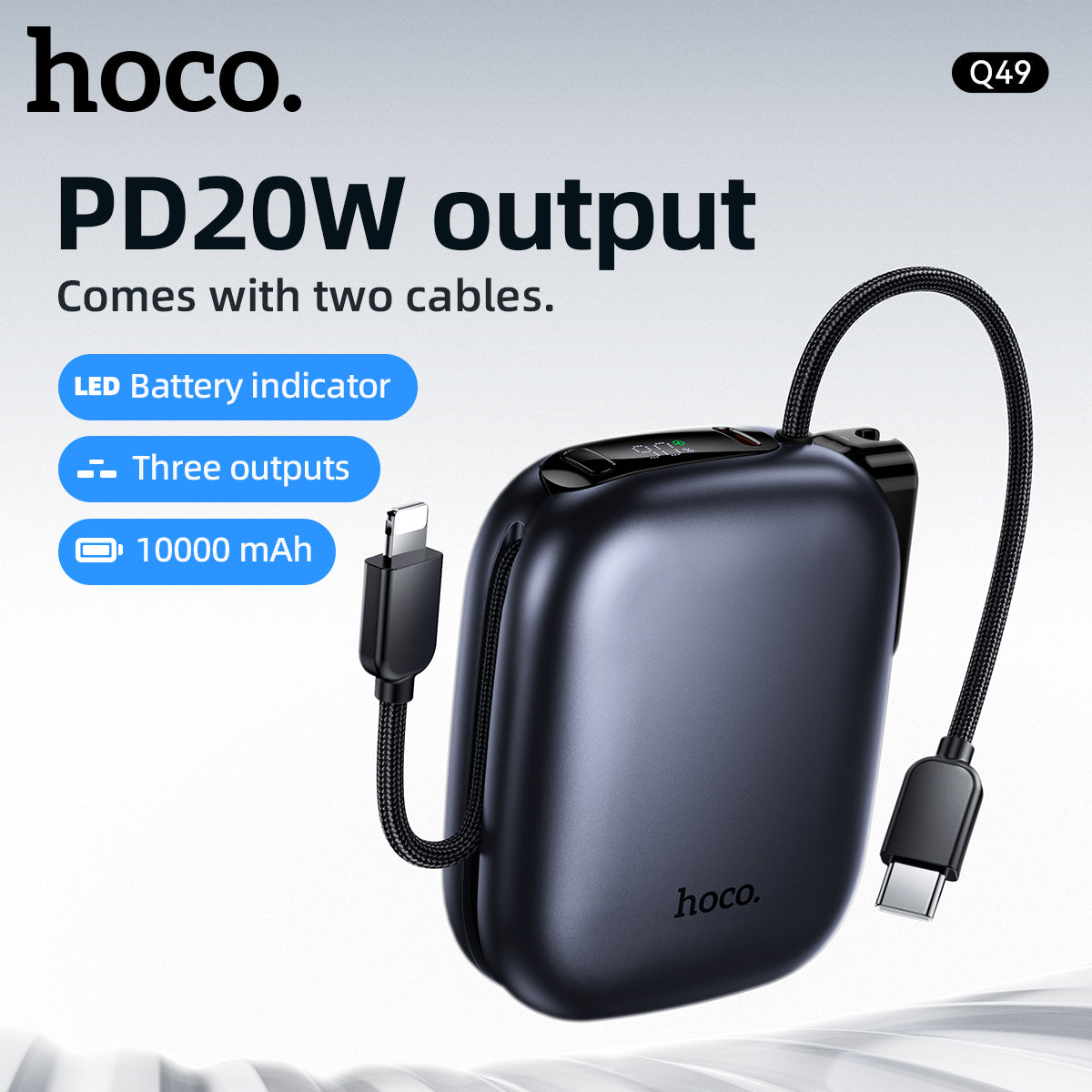 Hoco Q49 CCC 10000mAh Super Small Peak PD20W power bank with cable - Metal gray