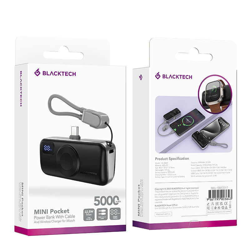 BLACKTECH 5000mAh 22.5W Wireless charging for watches with built-in cable - Black