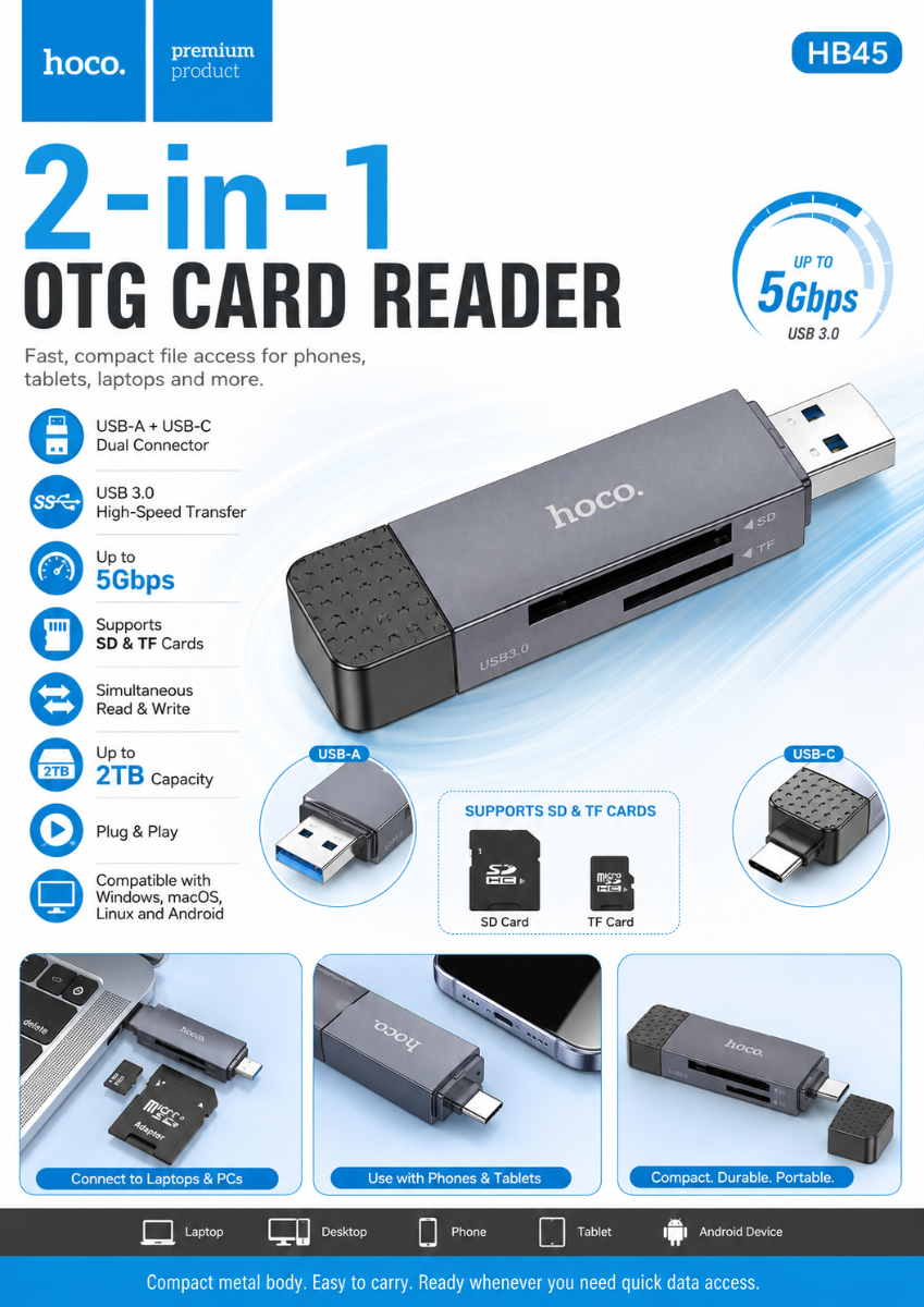 Hoco HB45 Spirit 2-in-1 USB/USB-C 3.0 card reader - metal gray