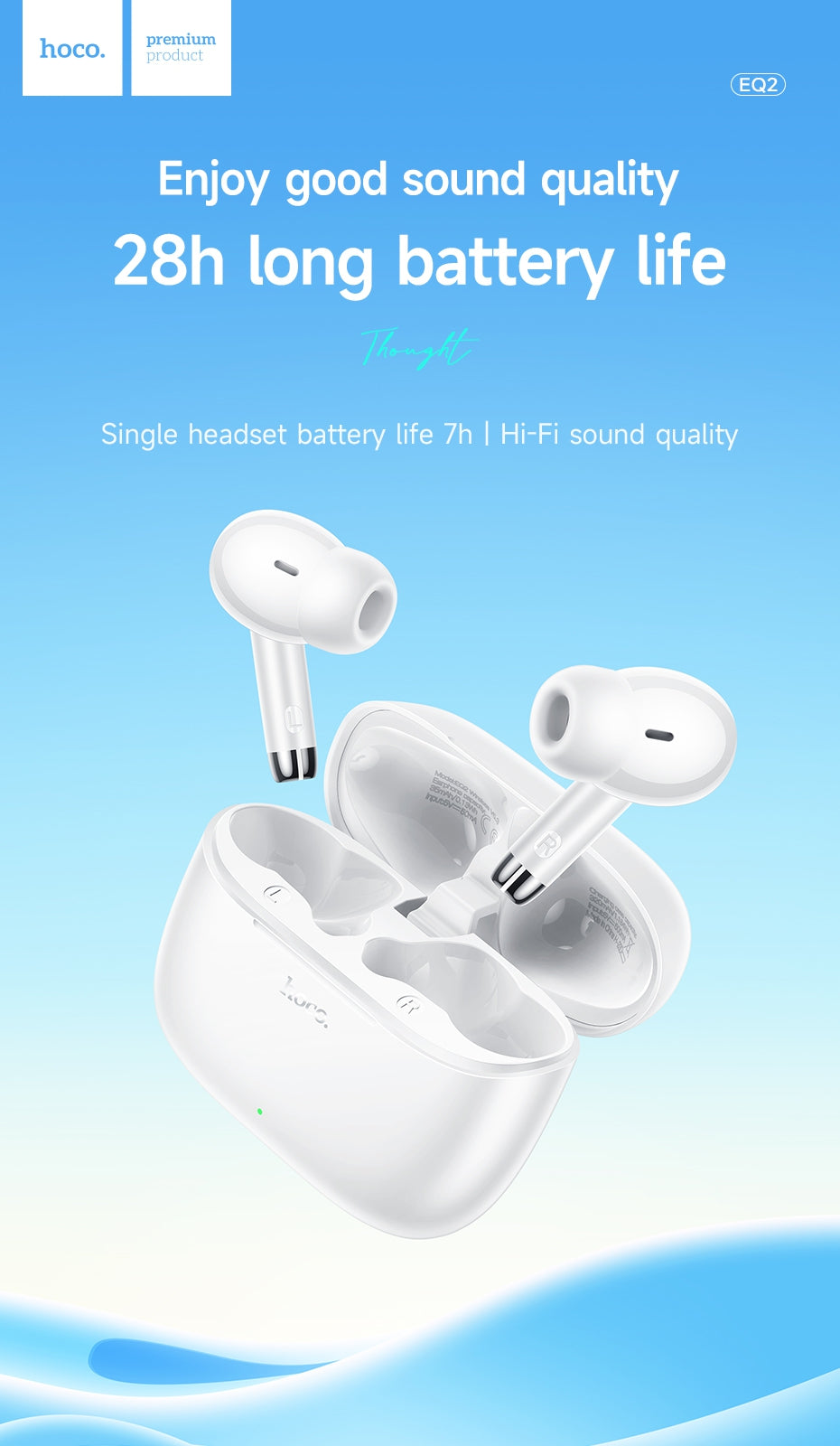 Hoco EQ2 7 Hours Thought Physical Noise Cancellation True Wireless Earphones - White