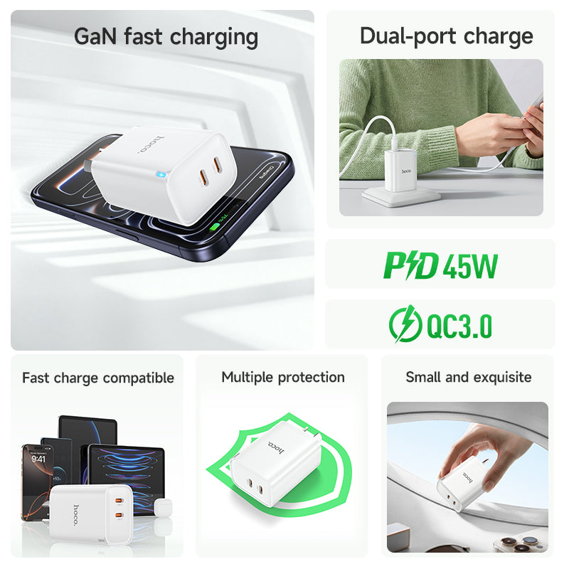 Hoco DNU6 Chief GaN dual port PD45W(2C) charger(AU) With Smart IC - White