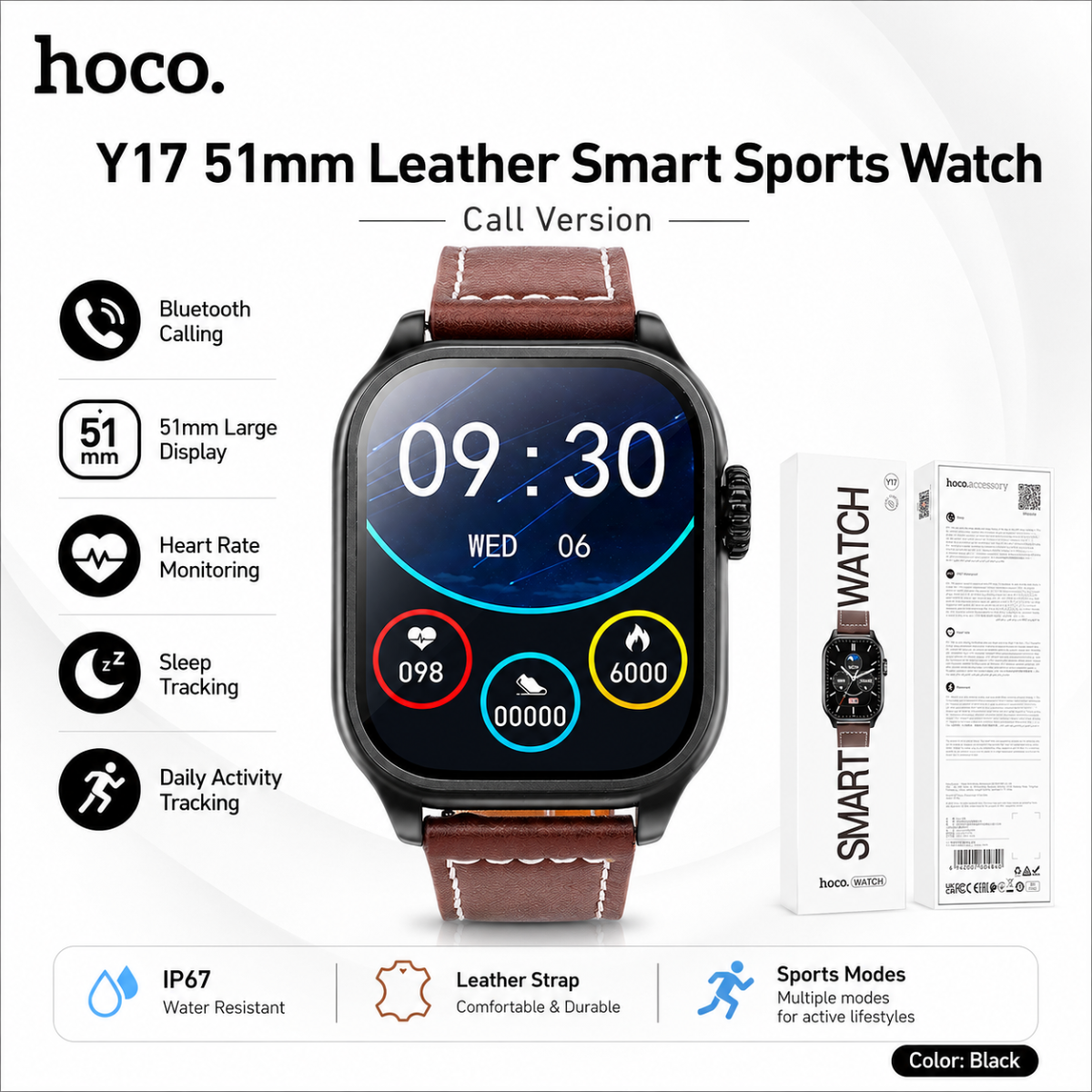 Hoco Y17 51mm Leather Smart Sports Watch Call Version - Black