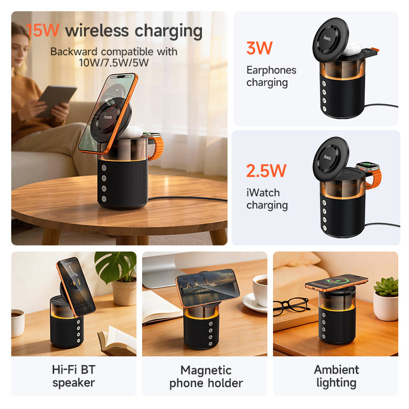 Hoco DWQ05 All in 1 Sunset BT speaker with wireless charger - Black