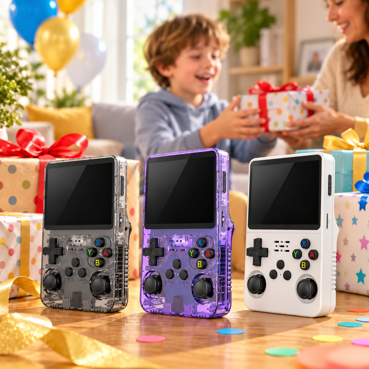 R36S handheld console colour options presented as a birthday gift for a child