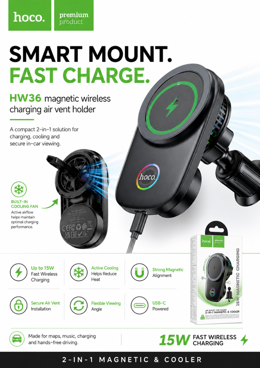 Hoco HW36 Cooler electric rotating magnetic wireless fast charging car holder(air outlet) - Black
