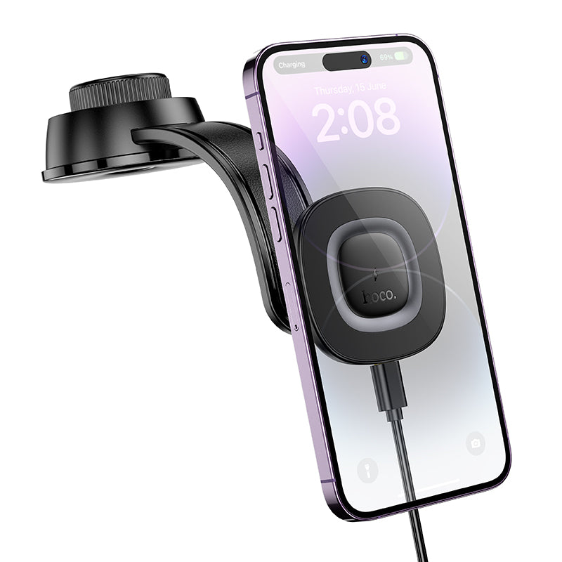 Hoco HW31 15W Crown magnetic wireless charging car holder center console (MagSafe Compatible) - black metal
