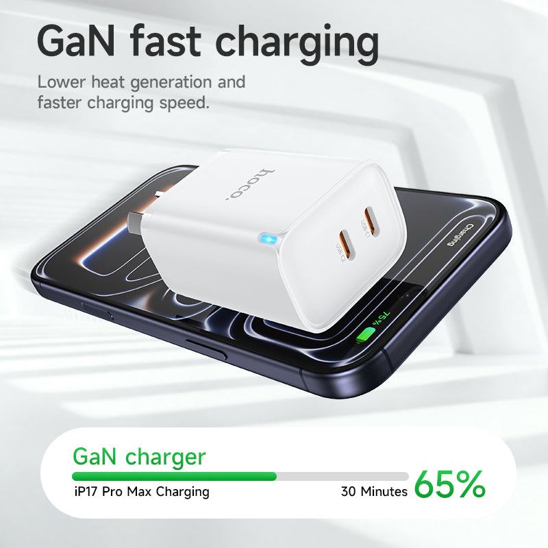 Hoco DNU6 Chief GaN dual port PD45W(2C) charger(AU) With Smart IC - White