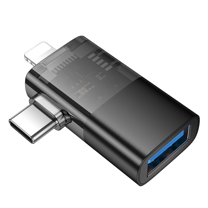 Hoco UA36E iP male/C male to USB female OTG 2-in-1 transparent adapter - Black