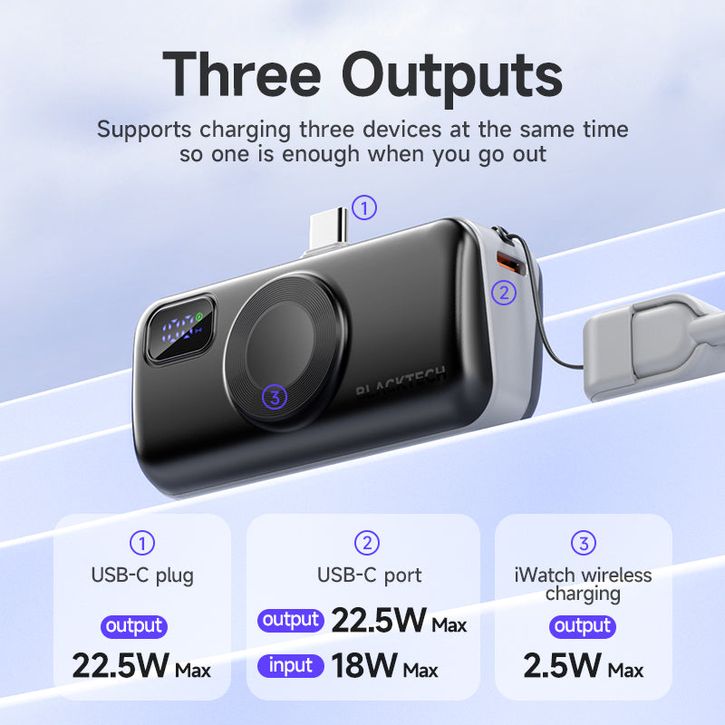 BLACKTECH 5000mAh 22.5W Wireless charging for watches with built-in cable - Black