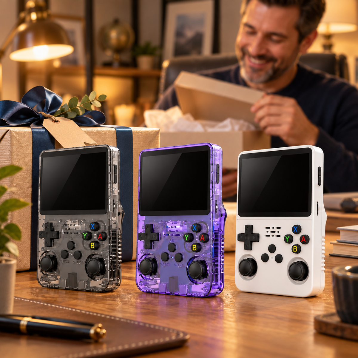 R36S handheld console colour options presented as a thoughtful gift for a dad