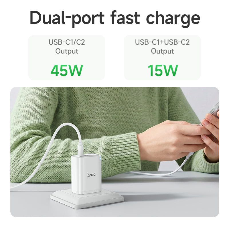 Hoco DNU6 Chief GaN dual port PD45W(2C) charger(AU) With Smart IC - White