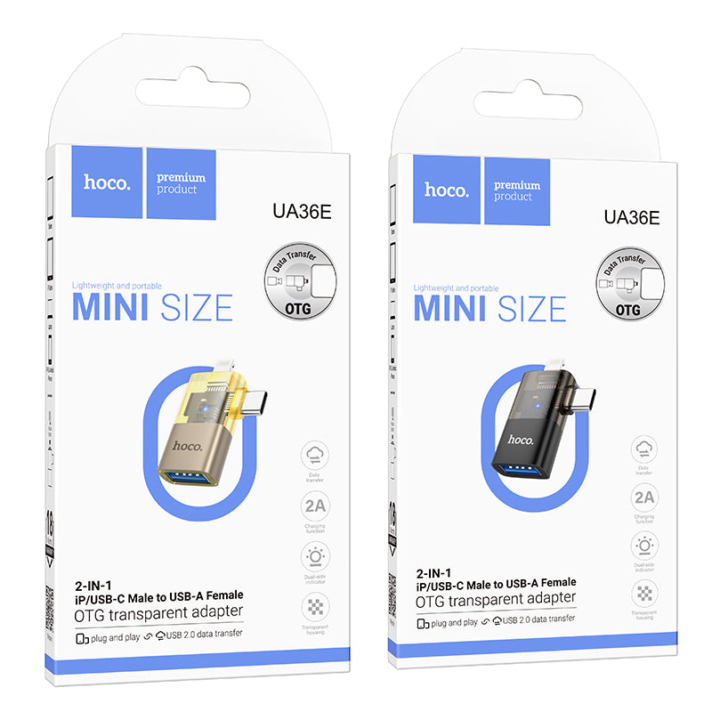 Hoco UA36E iP male/C male to USB female OTG 2-in-1 transparent adapter - Black
