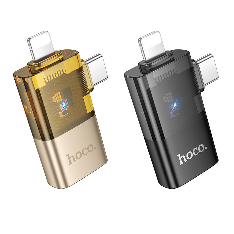 Hoco UA36E iP male/C male to USB female OTG 2-in-1 transparent adapter - Black