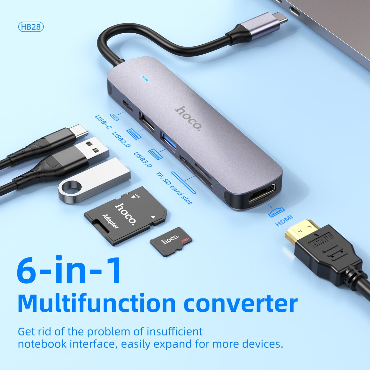 Hoco HB28 6-in-1 USB-C Hub with 4K HDMI, PD, USB, SD & TF