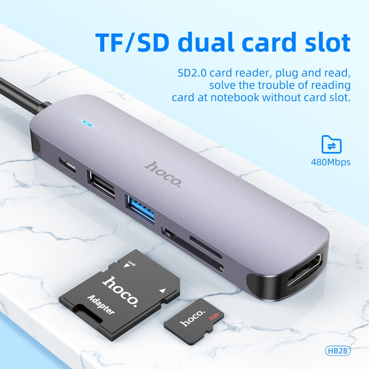 Hoco HB28 6-in-1 USB-C Hub with 4K HDMI, PD, USB, SD & TF