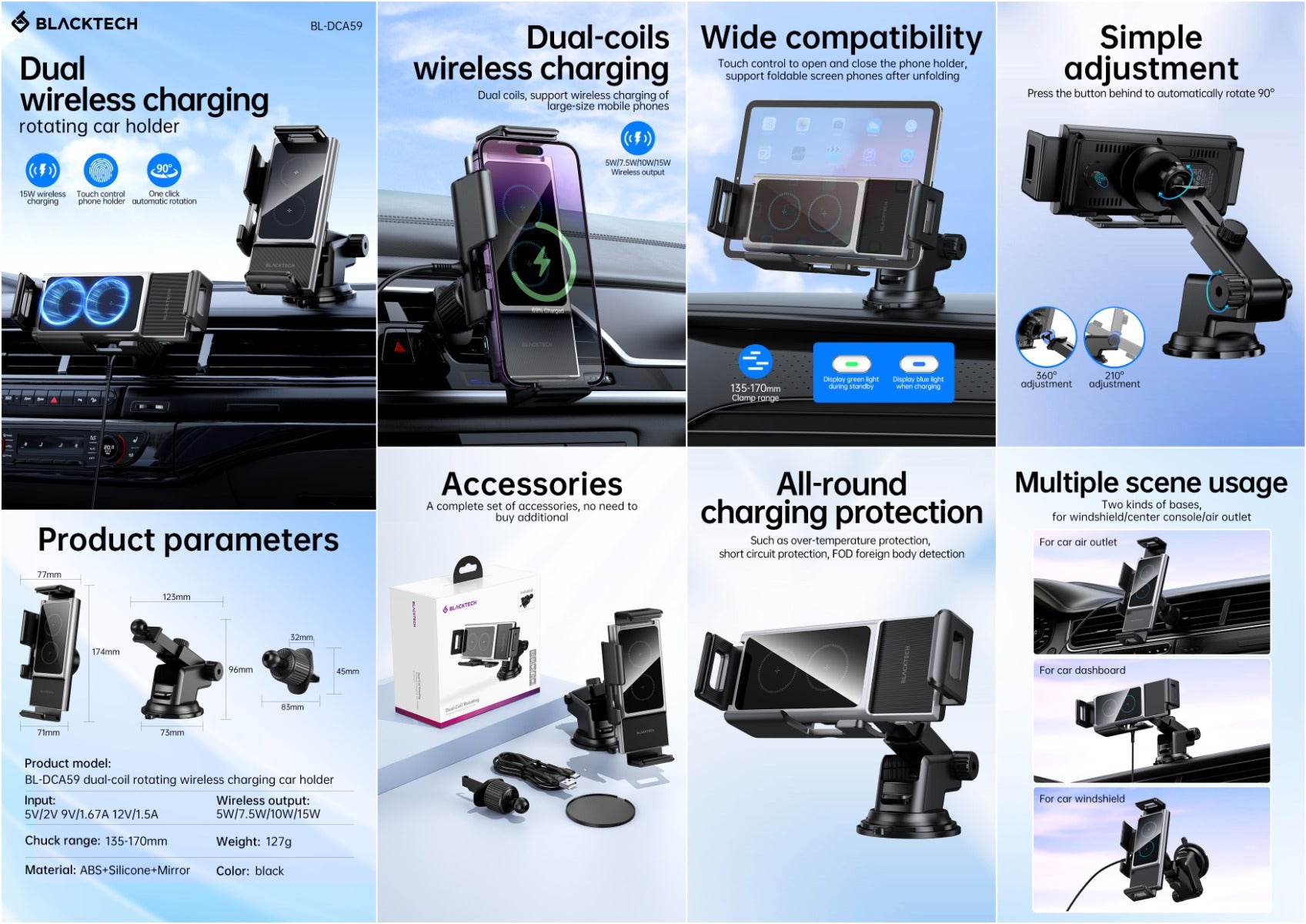 BLACKTECH BL-DCA59 Dual-Coil Auto-Rotating Wireless Charging Car Holder