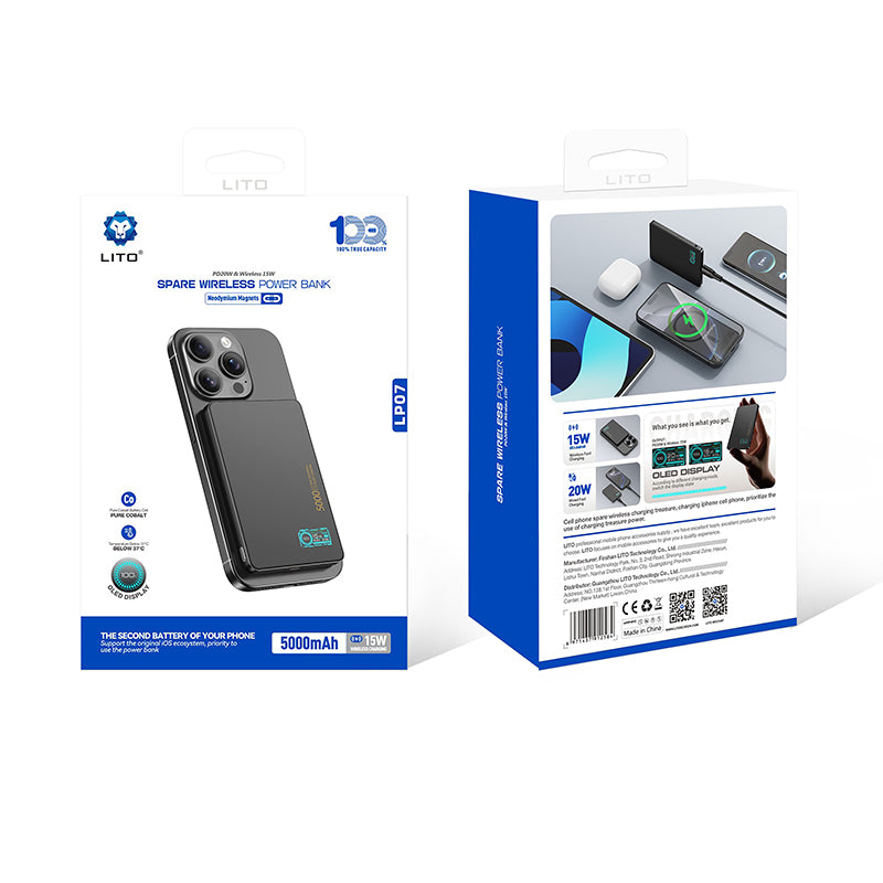 LITO LP07 Qi2 15W 5000mAh Ultra-Thin 5-in-1 Magnetic Power Bank - Black