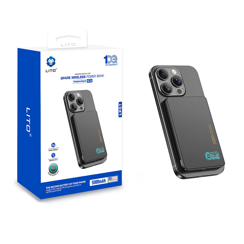 LITO LP07 Qi2 15W 5000mAh Ultra-Thin 5-in-1 Magnetic Power Bank - Black