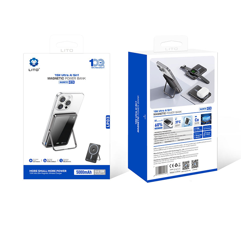 LITO LP03 Qi2 15W 5000mAh 5-in-1 Magnetic Power Bank - Black