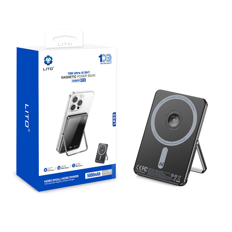 LITO LP03 Qi2 15W 5000mAh 5-in-1 Magnetic Power Bank - Black