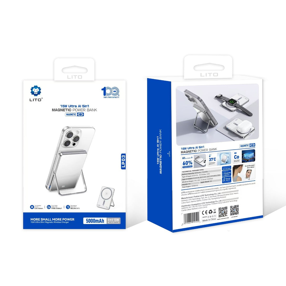 LITO LP03 Qi2 15W 5000mAh 5-in-1 Magnetic Power Bank - Mirror Silver