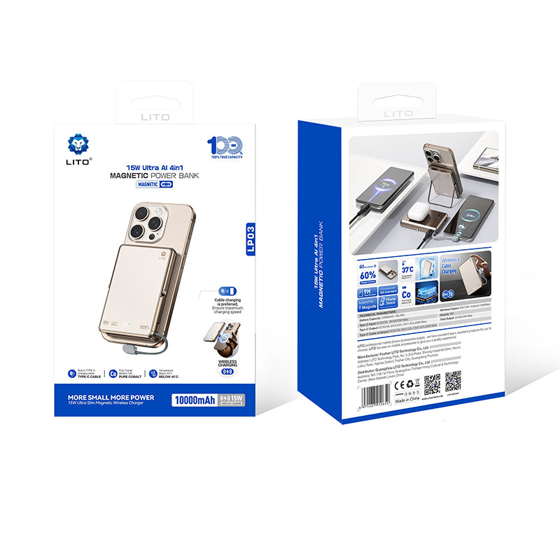 LITO LP03 Qi2 15W 10000mAh 5-in-1 Magnetic Power Bank - Desert Titanium