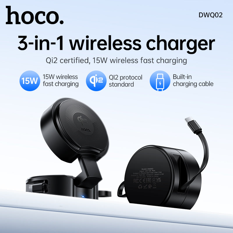 Hoco DWQ02 Qi2 3-in-1 Foldable Wireless Charger with Retractable Cable