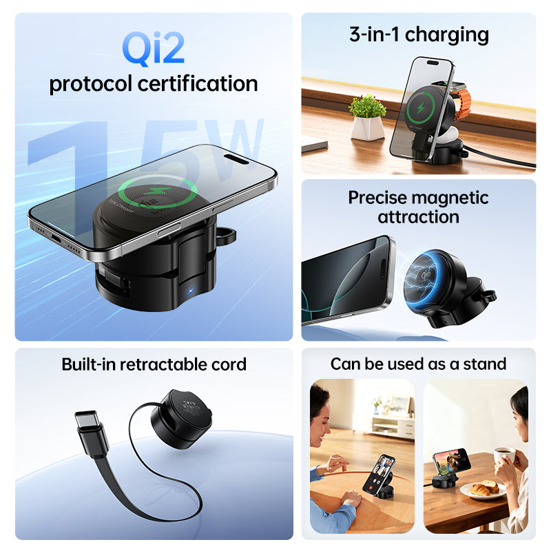 Hoco DWQ02 Qi2 3-in-1 Foldable Wireless Charger with Retractable Cable