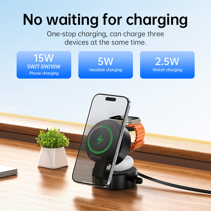Hoco DWQ02 Qi2 3-in-1 Foldable Wireless Charger with Retractable Cable