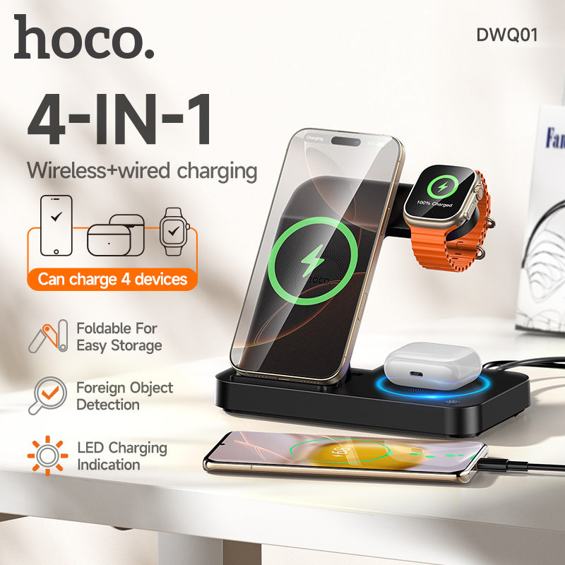 Hoco DWQ01 4-in-1 Foldable Wireless Charging Stand - Black