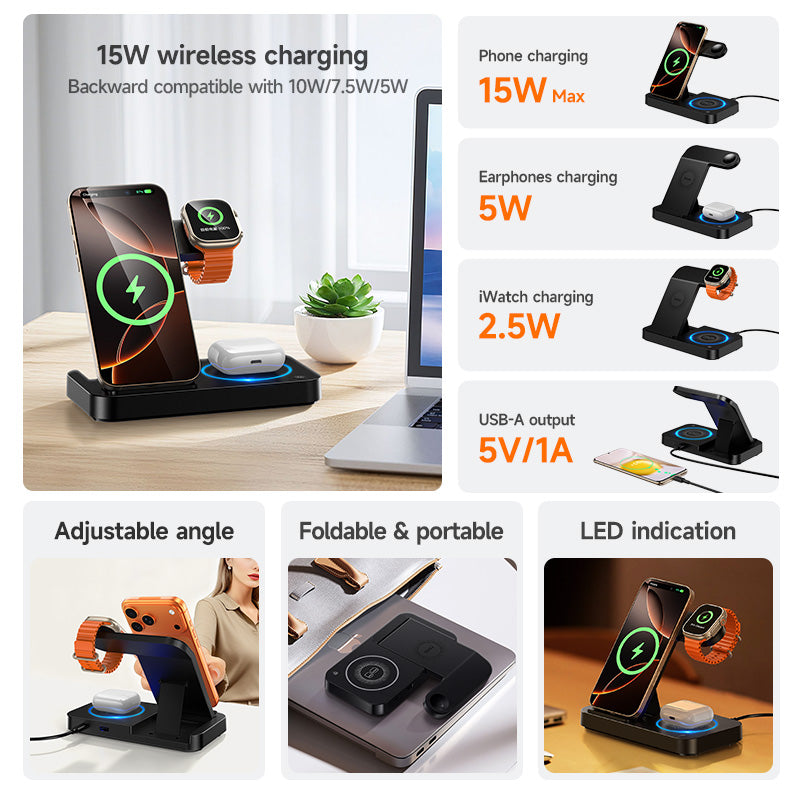 Hoco DWQ01 4-in-1 Foldable Wireless Charging Stand - Black