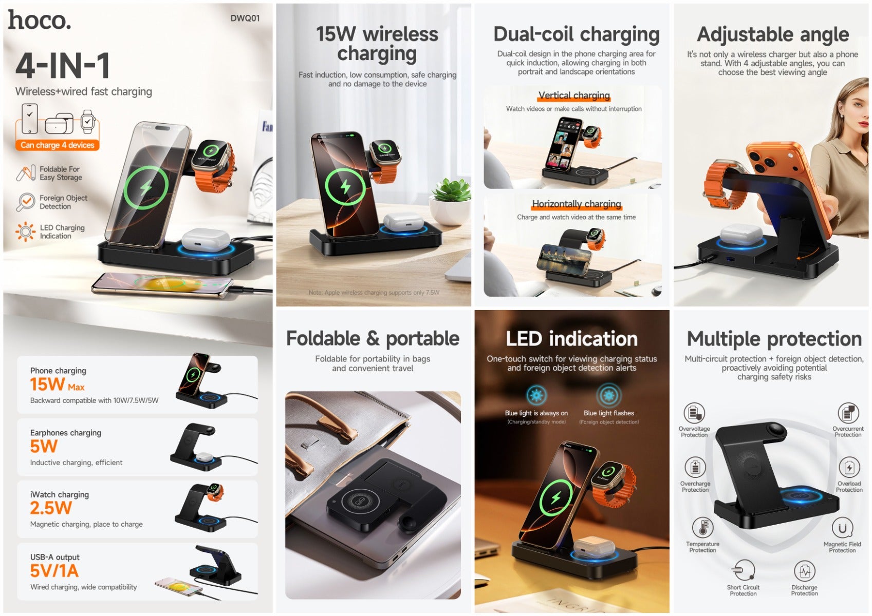 Hoco DWQ01 4-in-1 Foldable Wireless Charging Stand - Black