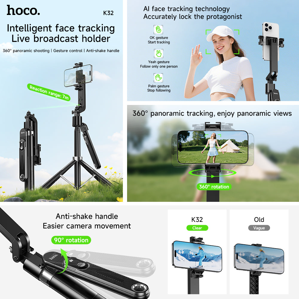 Hoco K32 AI Face Tracking 1.81m Tripod & Live Streaming Stand - Black
