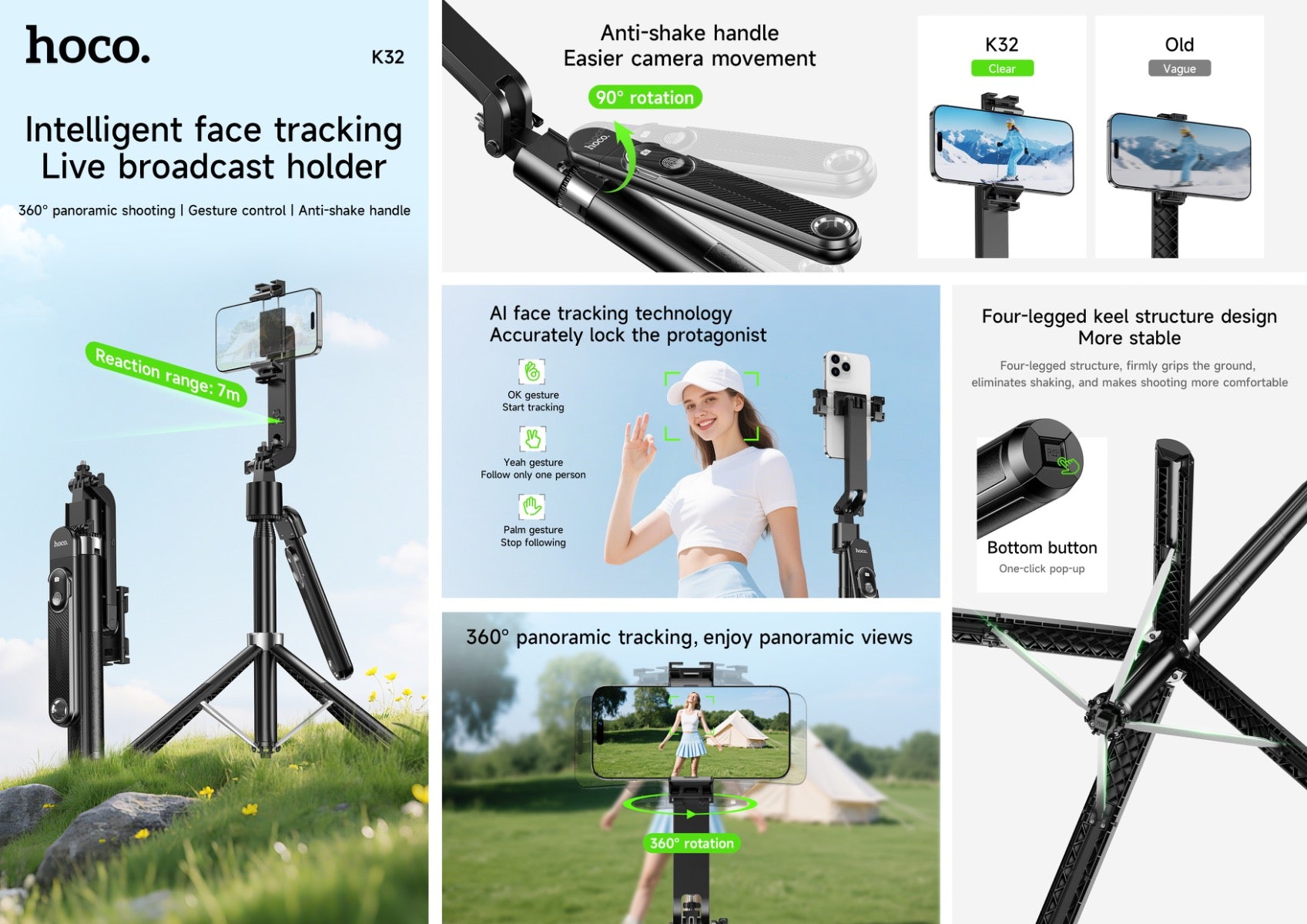 Hoco K32 AI Face Tracking 1.81m Tripod & Live Streaming Stand - Black