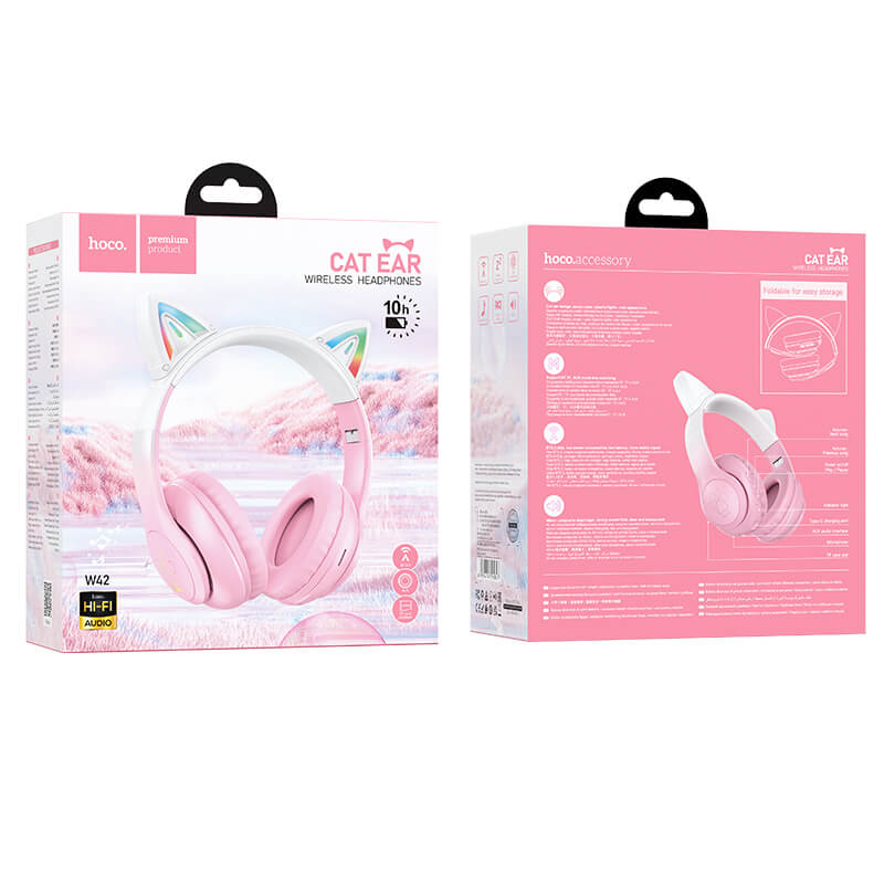 Hoco Ergonomic Cat Ear Bluetooth Headset with LED Light -pink