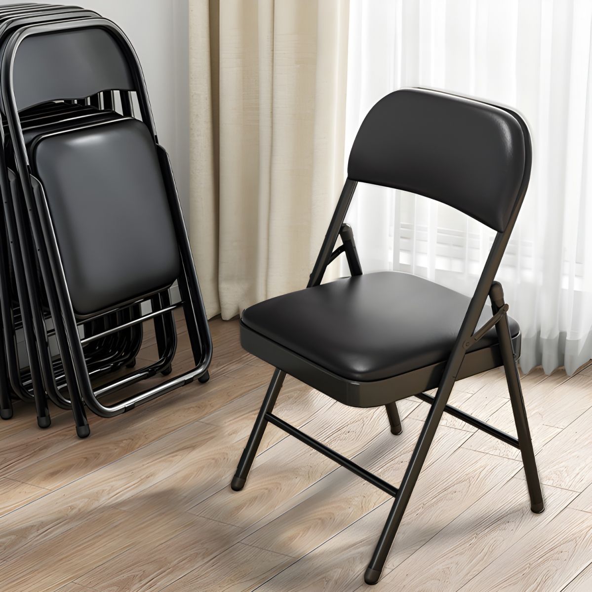 Armless Black Foldable Leather Chair with Metal Frame