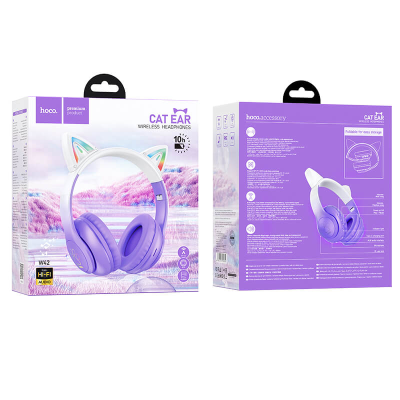 Hoco Ergonomic Cat Ear Bluetooth Headset with LED Light -Purple
