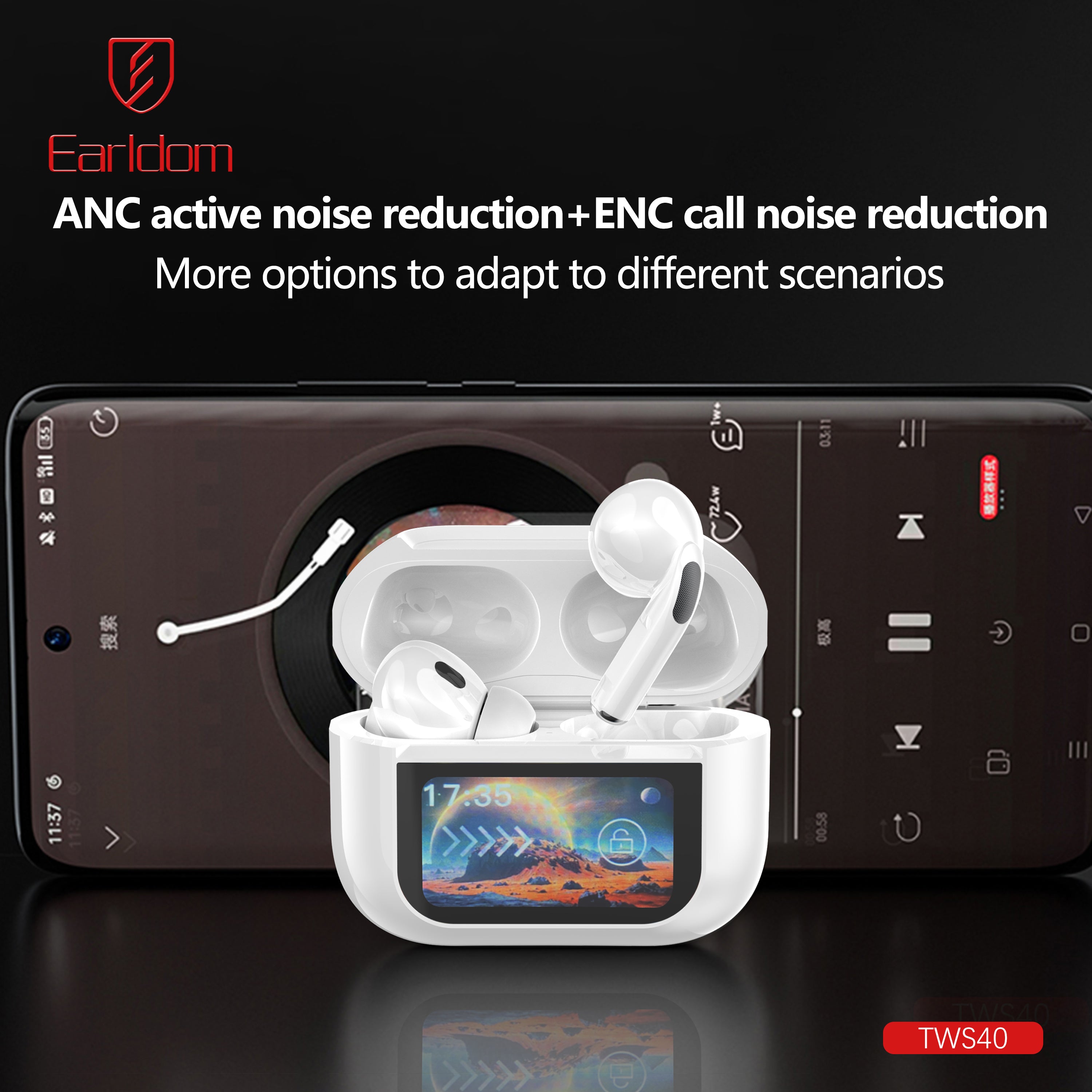 High Quality ANC noice canceling  earphone with screen rechargeable case